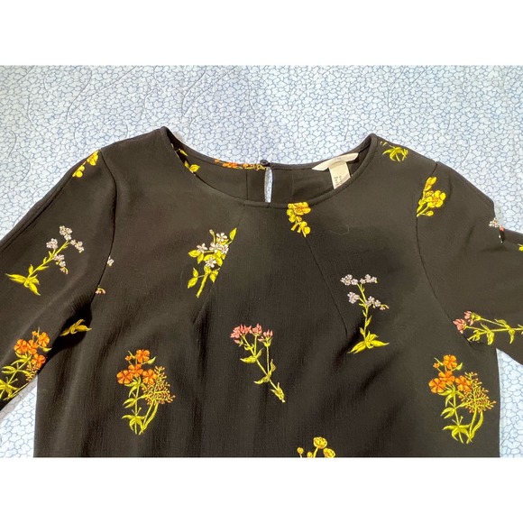 H & M Black Floral, 3/4 Sleeve Shift Dress, Size 10 - Picture 7 of 10